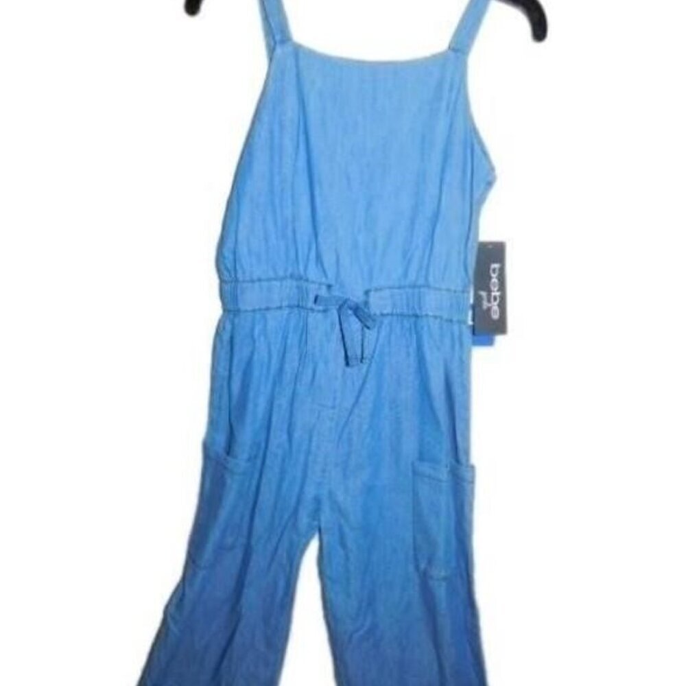BOGO! Bebe Girls Denim Jumpsuit Romper 2 sizes NWT Med 10-12 Large 14 belted